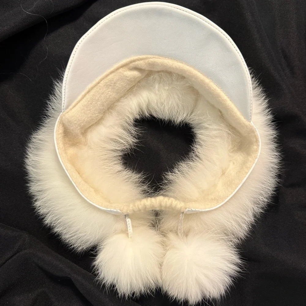Vintage Real Fur &‎ Leather Snow Bunny Visor Hat Pom Poms White Ski Glam